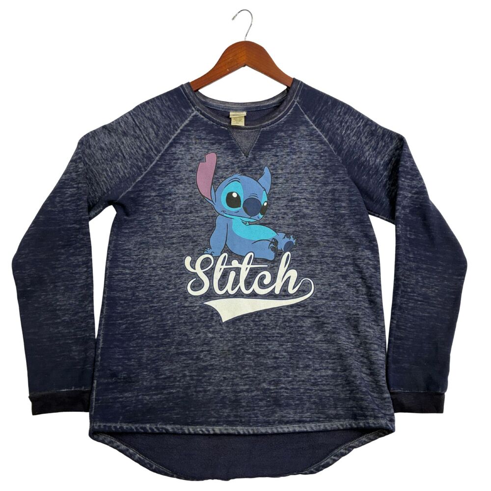 Disney Stitch Womens Sweatshirt Blue Acid Wash Lilo & Stitch Pullover Crewneck